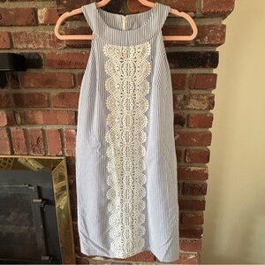 London Times Navy Cream Sleeveless Nautical High Neck Dress w/Lace Panel Sz 2